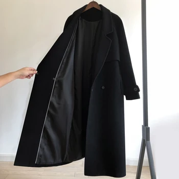 2019 čierna nad kolená dlhé oddiel kvalitné vlnené kabát voľné kravatu žien Hepburn vietor vlnené kabát