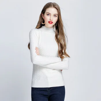 biela Pribrala sveter ženy pletené svetre žena príliš dlho, módne 2019 jar jeseň plus veľké veľkosti Pol vysoký golier