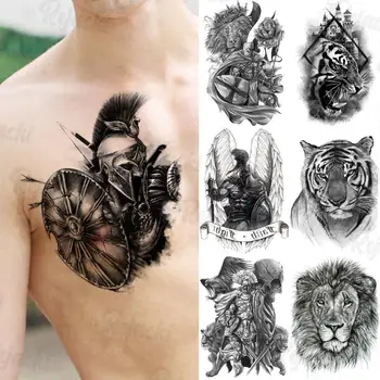 Black Warrior Štít Dočasné Tetovanie Pre Dospelých Mužov Realistické Lev, Tiger Lebky Kvet Falošné Tetovanie Nálepky, Prsia, Tela Tatoos 3D