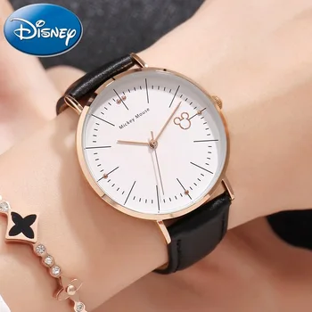 Disney Sledovať Pôvodný Jednoduchý Návrhár Ultra-tenké Quartz-hodinky Mickey Mouse Hodiny Ženy Kožený Remienok Rose Gold Relojes MK-11021
